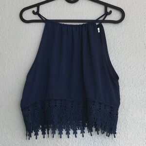 Navy Blue Lace Trim Halter Top